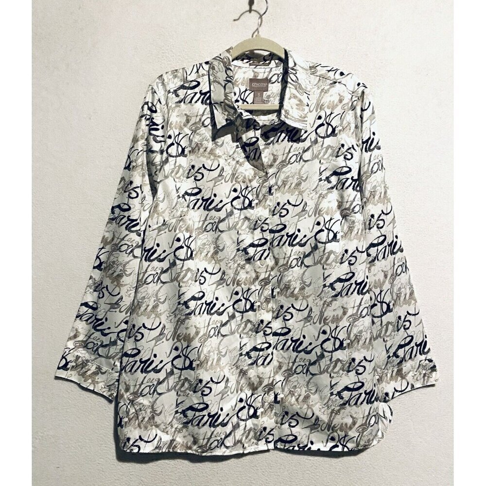 Chicos Top Womens XL White Black Pretty Pen Tunic Long Sleeve Wrinkle Resistant